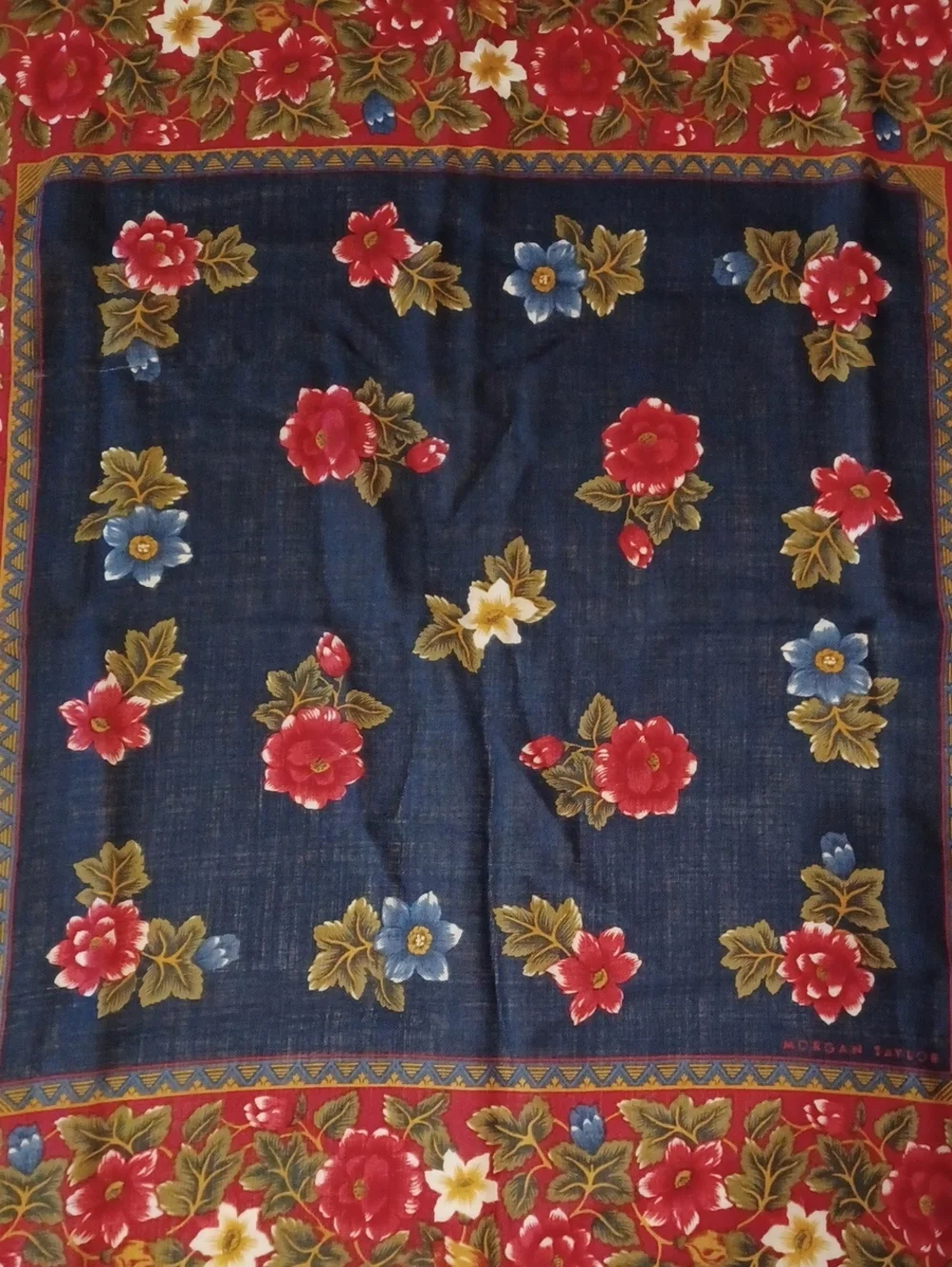 Morgan Taylor Vintage Floral Square Scarf Navy Red Eyelash Fringe Boho 30×30